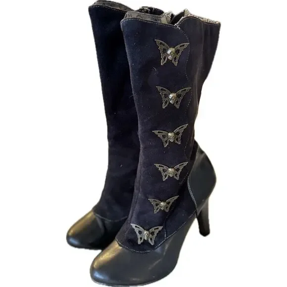 Demonia Women's Steampunk Skull & Butterfly Boots Black Size 6.5 Mid-Calf - Picture 5 of 12